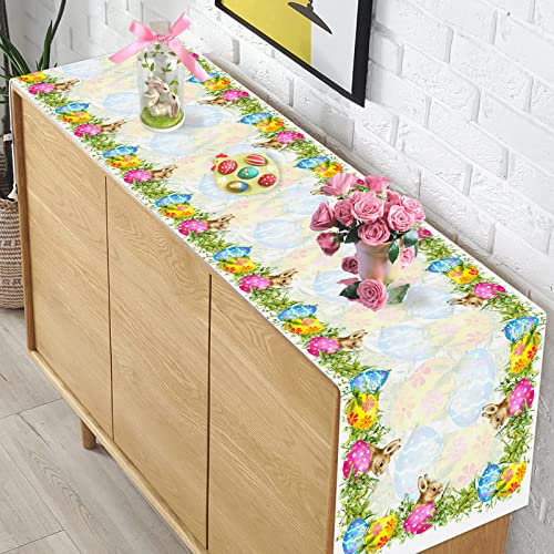 Fjpt Easter Colorful Eggs Bunny Table Runner Cute Rabbits Greenery Burlap Table Runners Spring Summer Seasonal Kitchen Dining Decor For Home Wedding Party In/Outdoor 13 X 72 Inch #TOP6