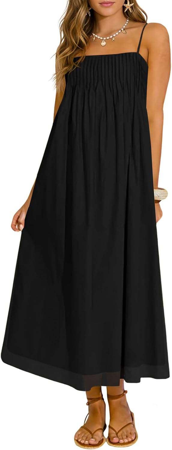 Wenrine Womens Spaghetti Strap Maxi Dresses Summer Casual Sleeveless Loose Pleated Flowy Beach Long Dress with Pockets