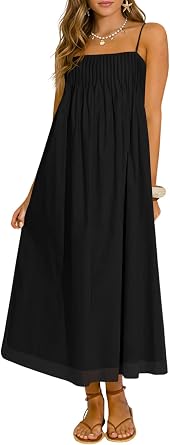 Wenrine Womens Summer Boho Maxi Dresses Spaghetti Straps Chiffon Sundress | Beach Vacation, Flowy, Linen, Casual, Loose, Pleated, Sleeveless, Midi Long Dress with Pockets