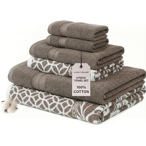 Modern Threads Trefoil Filigree 6-Piece 100% Cotton Towel Set – Reversible Yarn Dyed Jacquard – Includes 2 Bath Towels, 2 Hand Towels, 2 Washcloths – Absorbent, Quick Dry, Soft & Durable – Mocha Brown