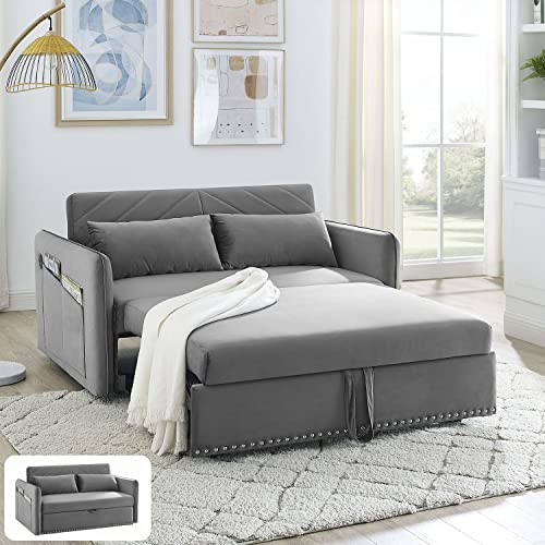 Sleeper Sofa Couch Bed W/2 Usb Ports, 55" 3 In 1 Velvet Convertible Loveseat Sleeper With Pullout Bed, Small Love Seat Futon Sofa W/Adjustable Backrest, Lumbar Pillows For Living Room Bedroom, Grey #TOP7