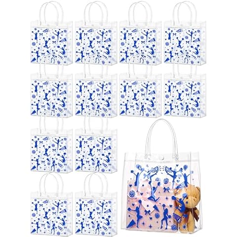 Sweetude 24 Pcs Cheer Clear Treat Bags with Handles for Cheer Team Cheerleader Gift Bag Bulk Cheerleader Party Supplies(Blue) Cover