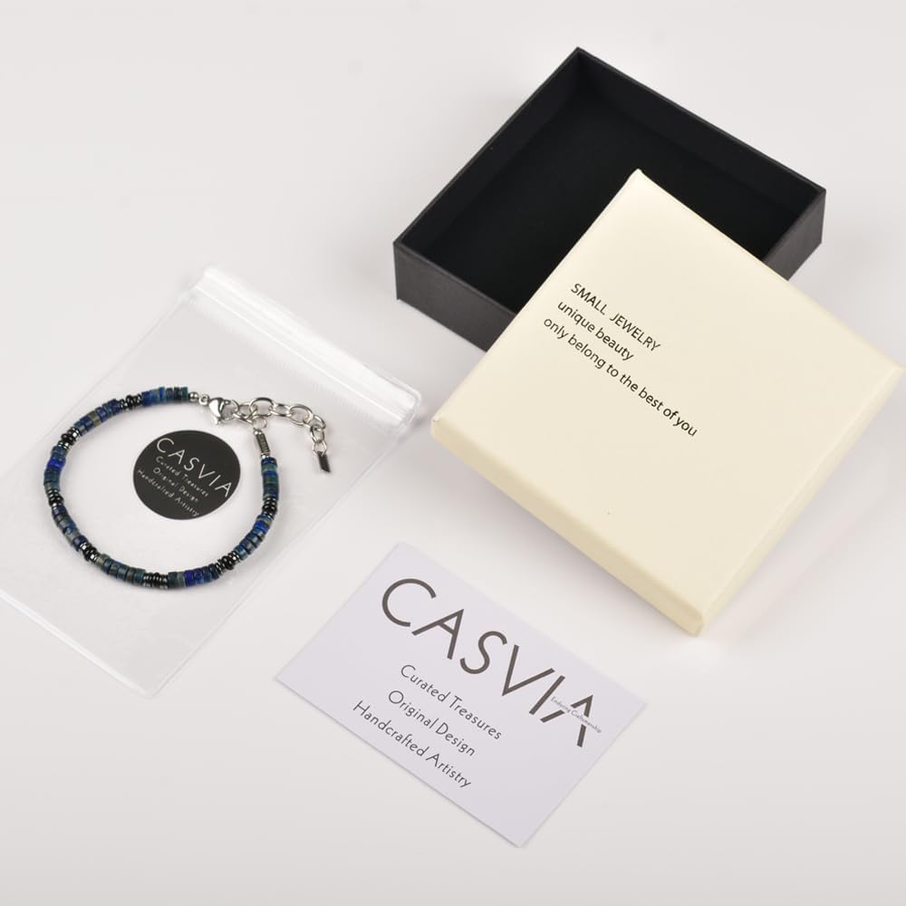 Men's Lapis Lazuli Hematite & Black Agate Beaded Bracelet, Handmade Adjustable Stainless Steel Chain, Chakra Jewelry Gift for Dad Husband Boyfriend