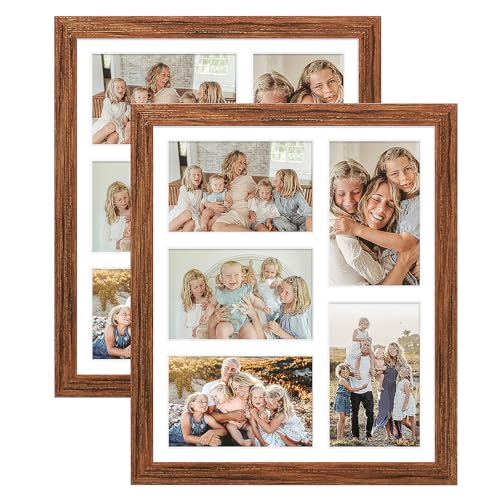 KSROECUD 11x13 Collage Frame with 5 Openings 4X6 Pictures, Multiple Picture Frame with Mat, Wall or Tabletop Decor, Carbonized Brown Wood Grain,2 Pack