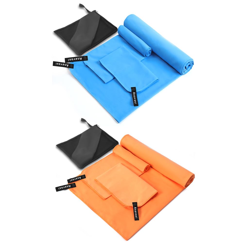 Anavasi 6 PCS Microfibre Towels for Adults, 2*(180*80 + 80*40 + 50*30) Microfibre Gym Towels with Net Bag, Lightweight and Quick Dry Travel Towel for Camping Travel Sports (Dark Blue and Orange)