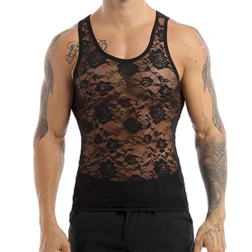 Taikmd Men's Vest Floral Lace Muscle Crop Tank Top See-Through Sleeveless Casual Tee Shirt Undershirt Nightwear (Black, Large) #TOP21