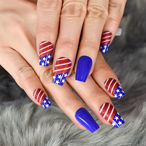 Echiq Royal Blue Glossy Press On Nail With Star And Line Artificial Acrylic Medium Length Nature Fake Nails Reusable Full Cover Wearable Coffin False Stick On Nail Art Tips For Women Ladies Girls Gift 24Pcs/Set #TOP5