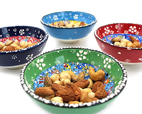 Bestchoice 4 Pcs Cute Hand Painted 5" Inc Decorative Design Turkish Ceramic Snack Bowls - Handcrafted Pinch Multicolor Medium Serving Bowls - Boxed Best Gift Idea #TOP6