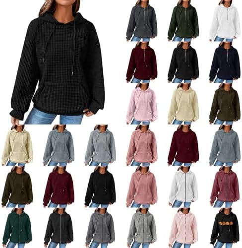 Hoodies for Women Long Sleeve Waffle Hooded Sweatshirt with Pocket Drawstring Loose Comfy Trendy Pullover Tops