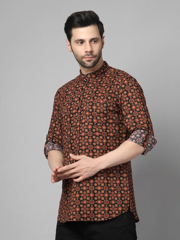 Image of Vastraa Fusion Men's Handloom Weaving Pure Cotton Short Kurta, Round Collar, Full Sleeves,Button Kurta, Ethnic Wear