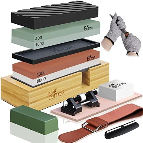 BRITOR Sharpening Stone Kit Whetstone knife sharpener 4 Side Grit 400/1000 3000/8000 Includes Non-Slip Rubber Holder Angle Guide Leather Strop and Gloves