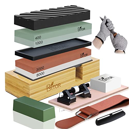 Britor Sharpening Stone Kit Whetstone Knife Sharpener 4 Side Grit 400/1000 3000/8000 Includes Non-Slip Rubber Holder Angle Guide Leather Strop And Gloves #TOP1