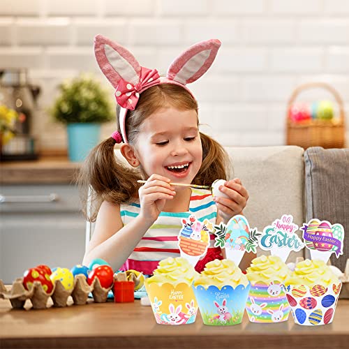 48 Pcs Easter Cupcake Toppers And Wrappers, Easter Party Decorations, Colorful Cupcake Liners, Bunny Chicks Easter Egg Cake Decoration Toppers For Kids Birthday Party Easter Party Supplies #TOP2