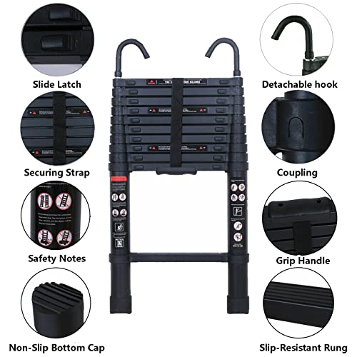 10 Ft Aluminum Telescoping Ladder With 2 Detachable Roof Hooks(2.8 Inch), Lightweight Telescopic Extension Ladder For Home, Multi-Purpose Rv Ladder Loft Ladder Max 330 Lb Capacity, En131 Certificated #TOP1