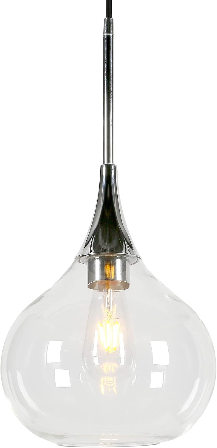 Henn&Hart 9" Mid-Century Modern Pendant Light Fixture with Clear Glass Teardrop Shade and 8' Adjustable Cord for Kitchen Island, Dining Room or Game Room, Polished Silver
