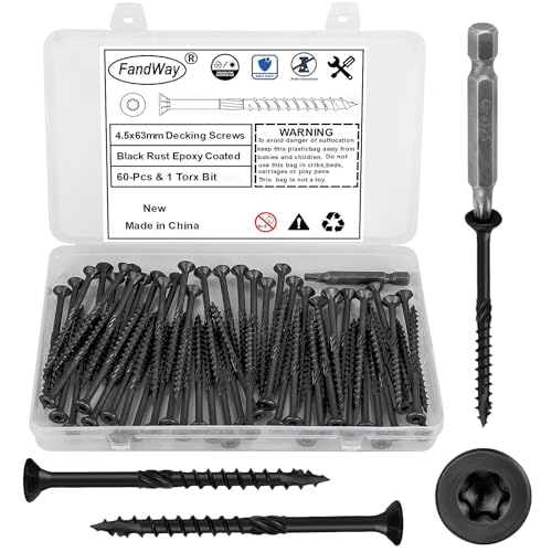 FandWay 60 tornillos para madera Torx 4,5 x 63 mm para aglomerado negro epoxi, tornillos de cabeza avellanada, tornillos para construcción de techo, tornillos universales con accionamiento Torx T25.