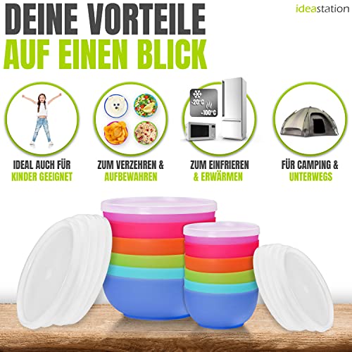 idea-station NEO Müslischalen mit Deckel 6 Stück - 14 cm / 500 ml - bunt - perfektes Cornflakes, Müsli Schüssel Set - Frischhaltedosen mit Deckel rund - Bowl Schalen