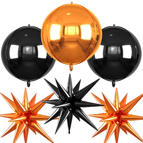 Image of 6pcs 22 inch Black Orange Star Balloons and 4D Large Foil Balloons, Black Foil Star Balloon Orange 4D Aluminum Balloon For Birthday Baby Shower Halloween Basketball Party Wedding Anniversary Decor