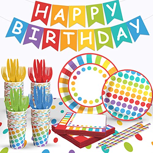 Elegant Events Rainbow Birthday Party Supplies Decorations 195 Piece Kit With Plates, Cups, Napkins, Straws, Tablecloth, Banner, Cutlery For 24 Guests Kids Colorful Paper Set Multi Color Theme #TOP3