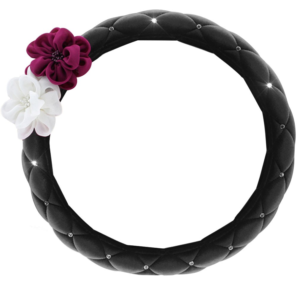 selani Advanced Elegant Flower Rhinestone Car Steering Wheel Cover Wrap Car Interior Trim(Velvet Black)