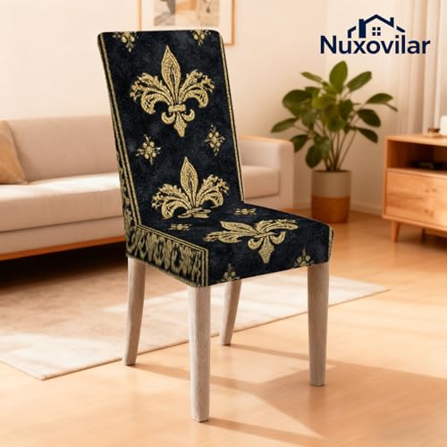 Image of Nuxovilar 4PCS Black Gold Fleur-de-lis Stretch Chair Covers | Stretch Slipcover Elegant Protector Fleur Wrap Seat Guard Dining Room Formal Banquet Event (Fleur-de-lis)