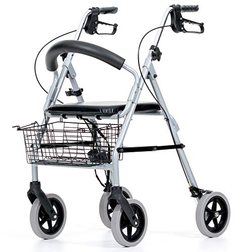 REHASHOP Leichtgewichtrollator Vigeo - inkl. Korb, Stockhalter, Rückenlehne und Pannensichere PU Bereifung
