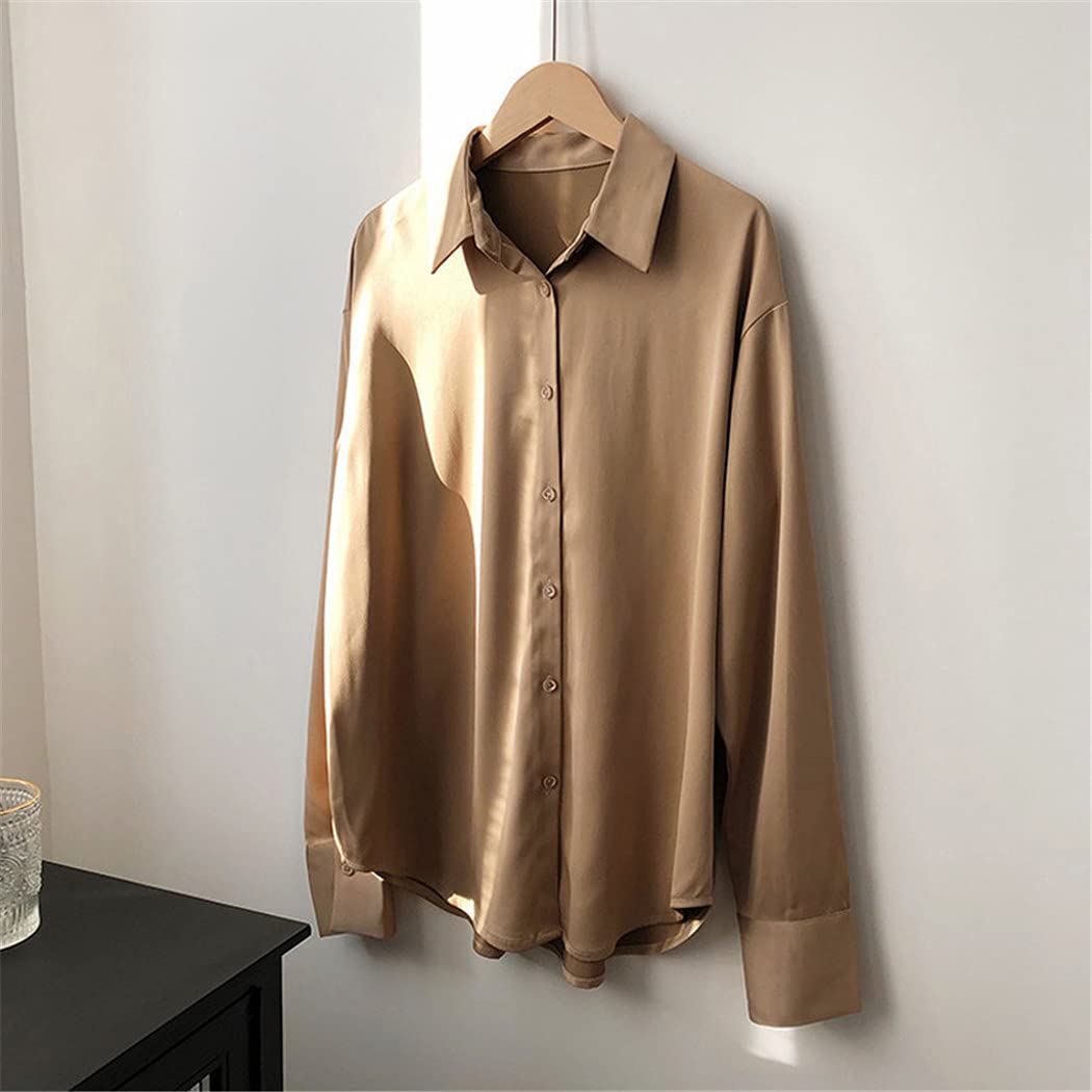 Camisas Elegantes de satén para Mujer, Camisas de Oficina Elegantes sólidas de Manga Larga, Blusas de Trabajo con Cuello Vuelto para Mujer