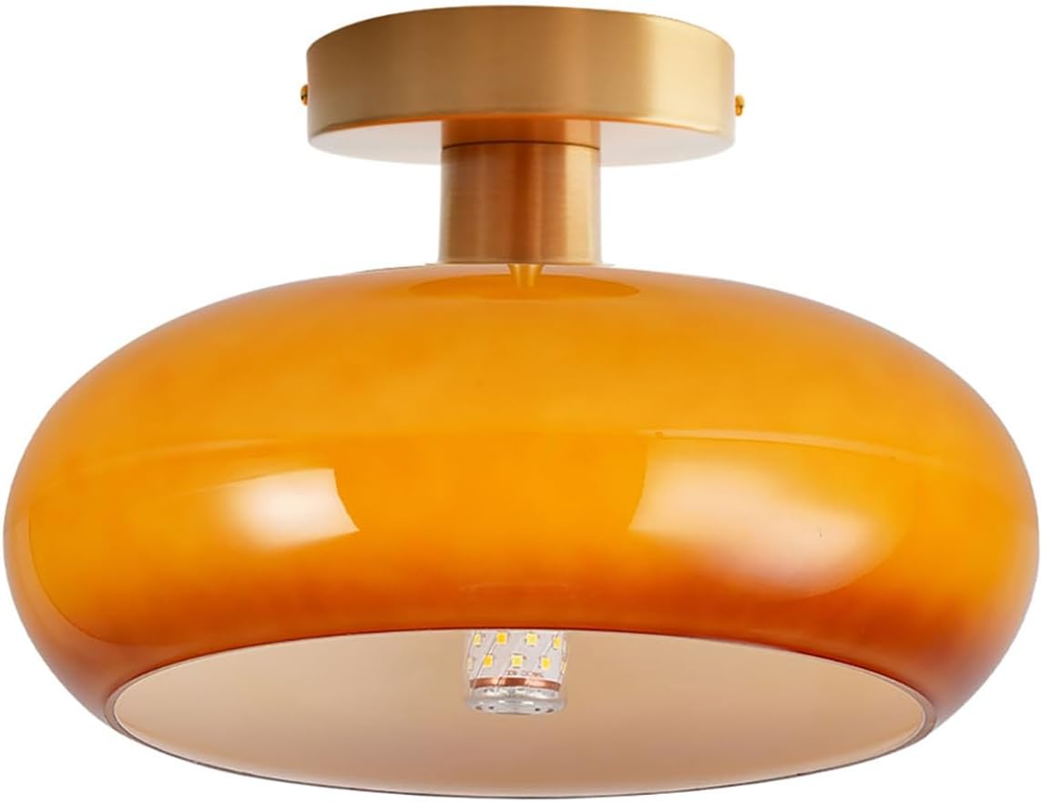 Glass Flush Mount Ceiling Light Modern Close to Ceiling Light Fixtures with 11" Dome Glass Shade Milk Orange Flush Mount Lamp Gold Brass Ceiling Lamp for Hallway Bedroom Kitchen Sink