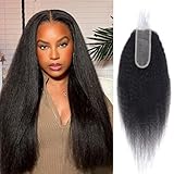 DSEKCAIN Kinky Straight Lace Closure 2x6 HD Lace Closure Human Hair Middle Part Deep Parting Transparent HD Lace Closure 2x6 Yaki Straight Hair Closure 100% Human Hair Natural Black Color 16 Inch