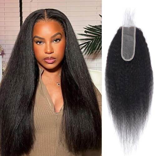 DSEKCAIN Kinky Straight Lace Closure 2x6 HD Lace Closure Yaki Straight Human Hair Transparent Middle Part Long Parting 100% Real Human Hair Natural Black Color 14 Inch
