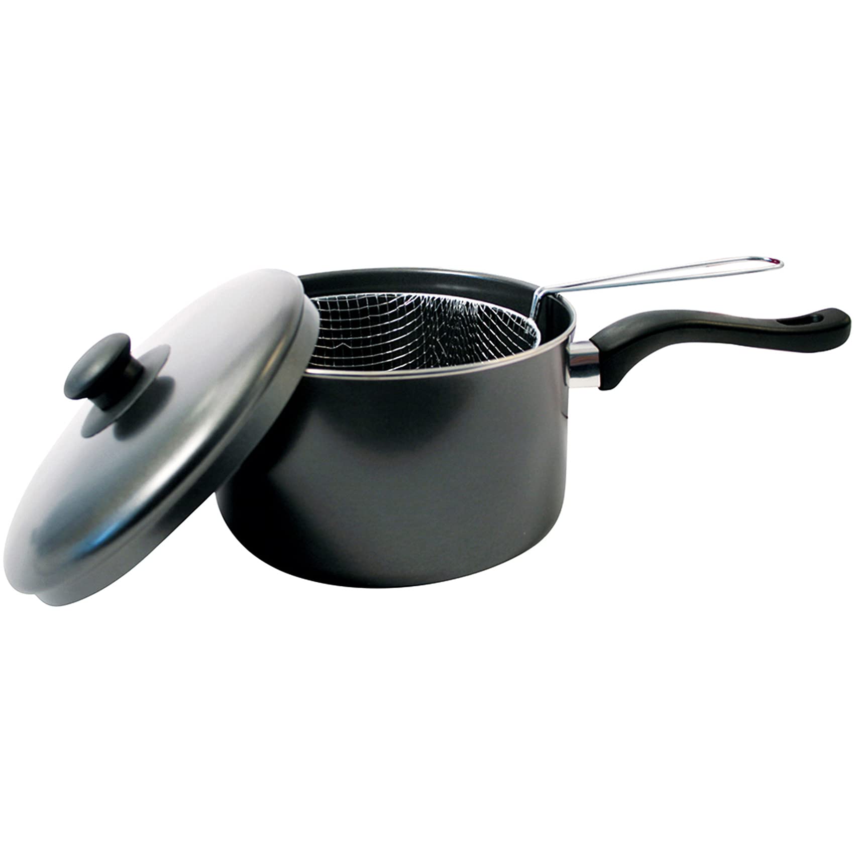 20 CM DEEP Fat Fryer Set 3PC Non-Stick Black Prima CHIP PAN Steel New Pot+ LID & Basket Home Kitchen Professional Food Cooking UK Free P&P