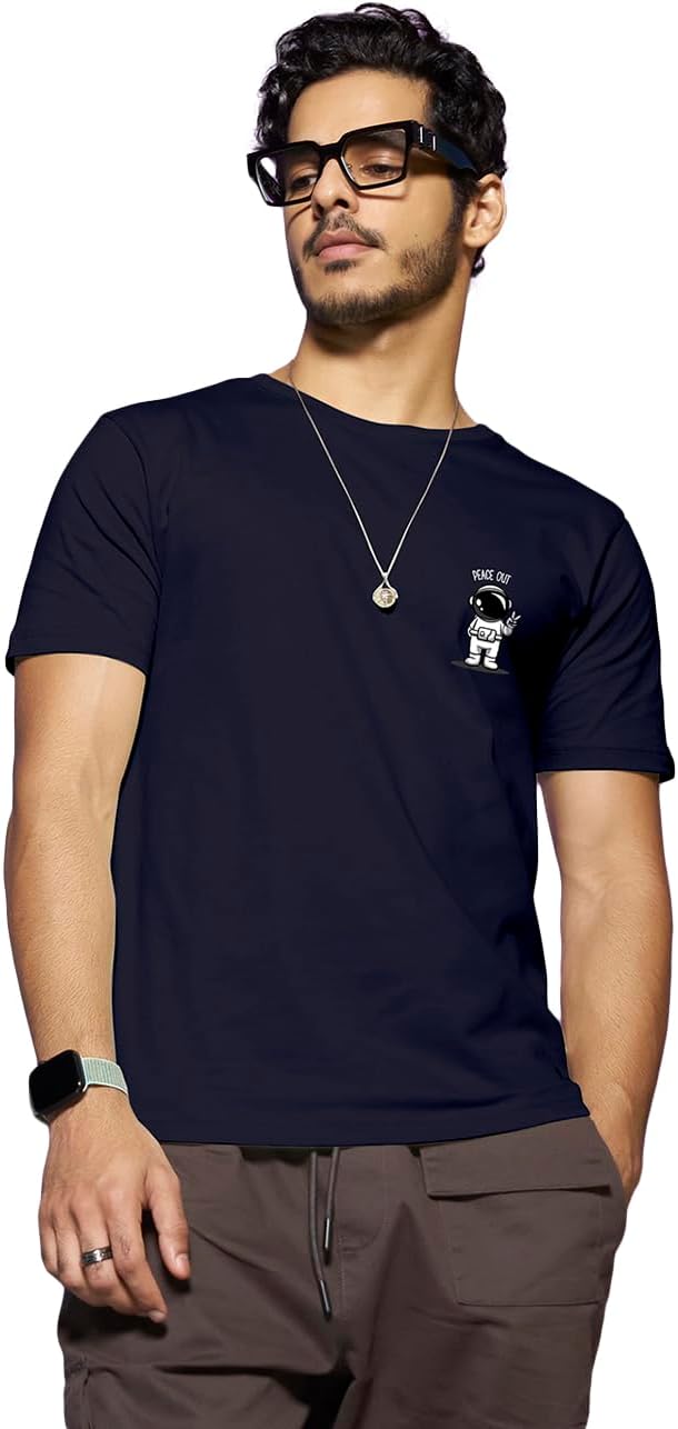 Bewakoof Men's Peace Out Astronaut Printed 100% Cotton T-Shirt - Regular Fit, Round Neck, Half Sleeves