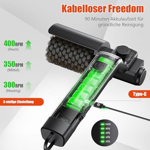 Elektrische Grillbürste：Akku-Betrieben, 180° Verstellbarem Winkel, 3-Stufen Reinigung, Edelstahl-Bürstenkopf, 90 Min Laufzeit, für Gasgrill, Holzkohlegrill, Kugelgrill, Elektrogrill und Grillrost