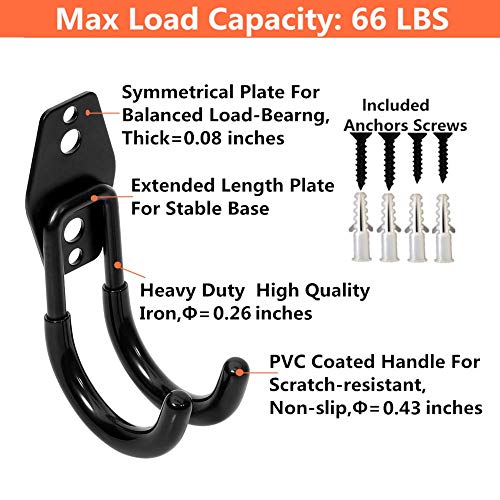 Yisunnan Wall Mount Double Hook,Heavy Duty Steel Garage Storage Utility Hooks With Anti-Slip Coating,Load Capacity 66 Lb (4 Pack Black 2.8" Round J Hook) #TOP5