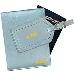 Deluxe Personalized Monogrammed Chambray Leather RFID Passport Wallet and Luggage Tag