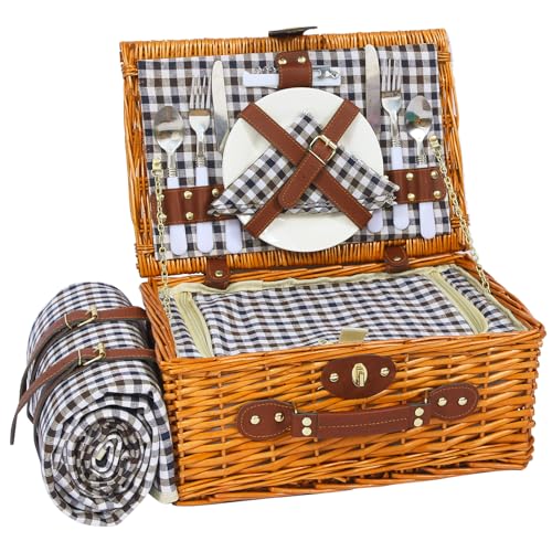 HYBDAMAI Picknickkorb Set für 2 Person mit Kühlfach und wasserdichte Picknickdecke, Abnehmbarer Riemen, Weinbeutel, Besteck Set, für Camping, Strand, Wandern, BBQ und Familie/Paare Geschenke, Zubehör