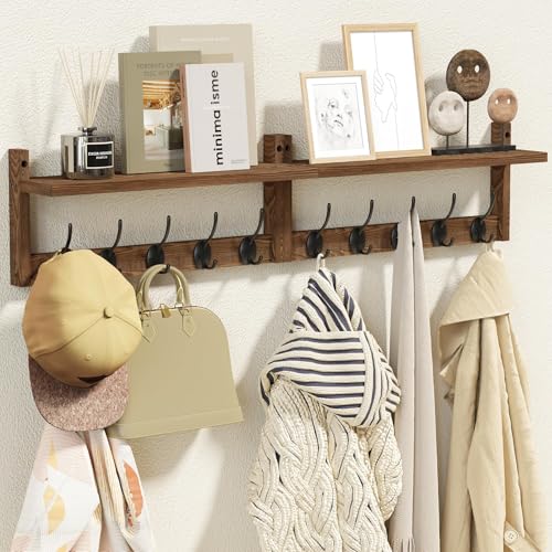AMBIRD 87cm Wooden Wall Hook Rack with Shelf, 10 Hooks