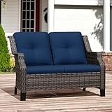 Audumas Outdoor Patio Loveseat, All-Weather 2-Seater Wicker Loveseat with Cushions, Outdoor Patio Love Seat Sofa for Garden, Balcony and Deck