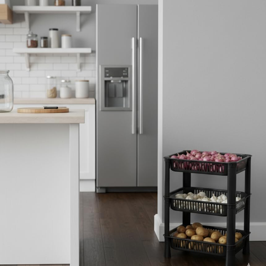Image of U-Max Multi Tire Kitchen Storage Rack, Plastic Utility Shelf Organiser, Space Saving Storage Solution, Revolving Vegetable Rack (Black-Regular, 3)