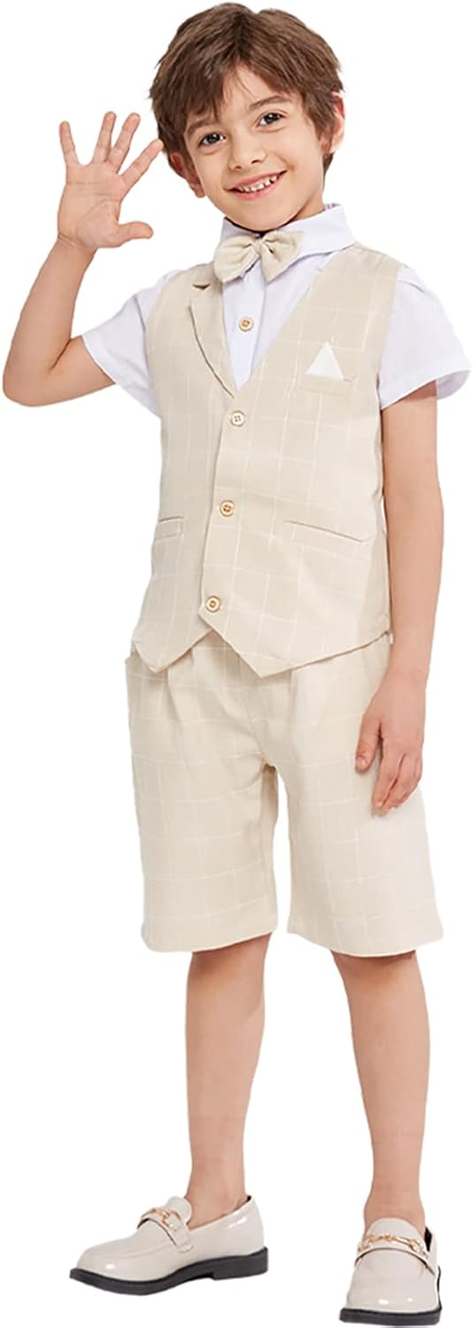 Summer Boys Suit Dress Clothes Kids Wedding Ring Bearer Outfit 4Pcs Shirt Vest Shorts Set