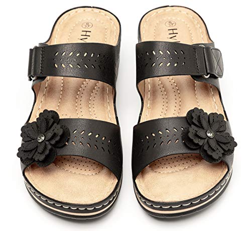 Hylianz Women's Comfortable Platform Wedges Hook&Loop Adjustable Strappy Flower Black Sandals -Rhinestone Rivets Ladies Indoors Or Outdoors Comfortable Brown Slides For Women #TOP1