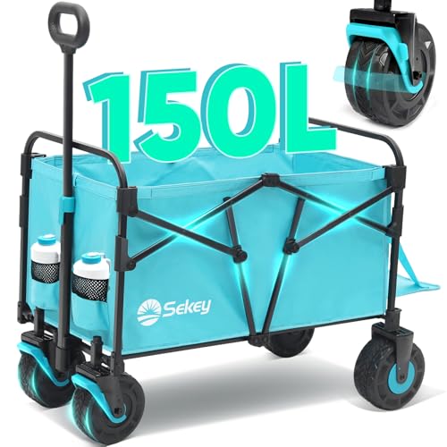 Sekey Wagon Cart with Big All-Terrain Beach Wheels, Collapsible Heavy Duty Extended Wagons with Taligate, Foldable Utility Carts for Camping, Garden, Outdoor, Grocery, Sports. Turquoise