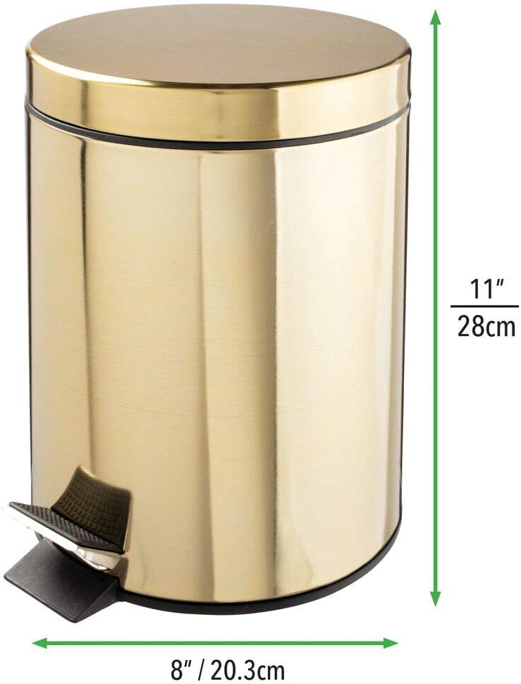 mDesign 5 Liter Round Small Metal Step Trash Can Wastebasket, Garbage Container Bin - for Bathroom, Powder Room, Bedroom, Kitchen, Craft Room, Office - Removable Liner Bucket - Soft Brass : Home & Kitchen