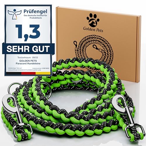 Golden Pets Paracord Hundeleine I 2m, 4-Fach verstellbar I reflektierend, extrem leicht & robust I geflochtene hochwertige Führleine I kleine - große Hunde I + Gratis E-Book