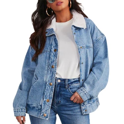 Womens Sherpa Collar Oversized Denim Jacket Boyfriend Jean Coat Jeans Trucker Bomber Jacket for Women Girls (Blue, L)