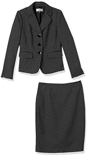 Le Suit Women's Novelty DOT 3 Bttn Notch Lapel Skirt Suit, Black/Ivory, 16