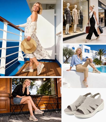 Image of Womens Wedge Sandals Platform Walking Sandals Open Toe Ankle Elastic Strap Casual Comfortable Summer Dressy