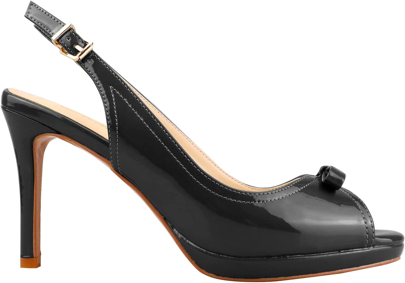 LEMUTISME Women's Stylish Peep Toe Bowknot Adjustable Buckle Backstrap Slingback High Heel Dress Pumps Sexy Patent Leather Platform Stiletto Heel Sandals for Women Party Wedding - Image 3