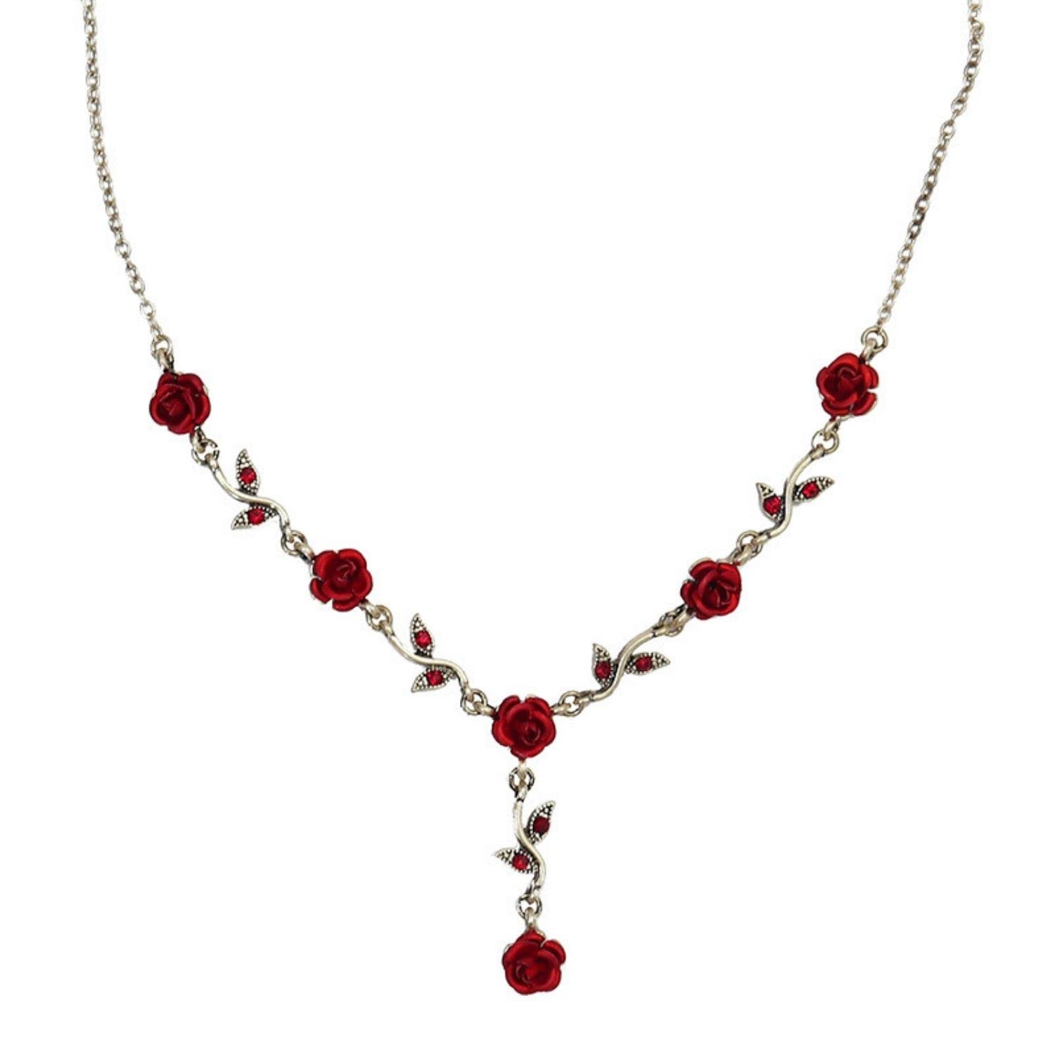 Fuqimanman2020Rose Flower Jewelry Red White Rose Bluebell Flower Long Necklaces Flower Dangle Earrings Rose Bluebell Bracelet Jewelry Sets For Women Girls, Metal, No Gemstone