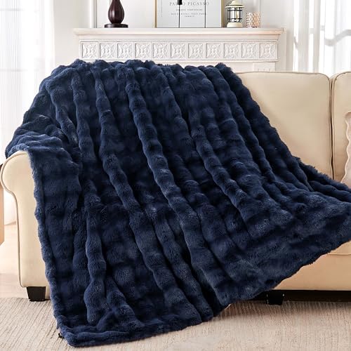 Luxury Faux Rabbit Fur Throw Blanket, Soft Bubble Fluffy Blanket Cozy Fuzzy Throw Blankets for Bed Sofa Couch, Decorative Thick Warm Plush Fuzzy Elegant Soft Mink Blanket (50